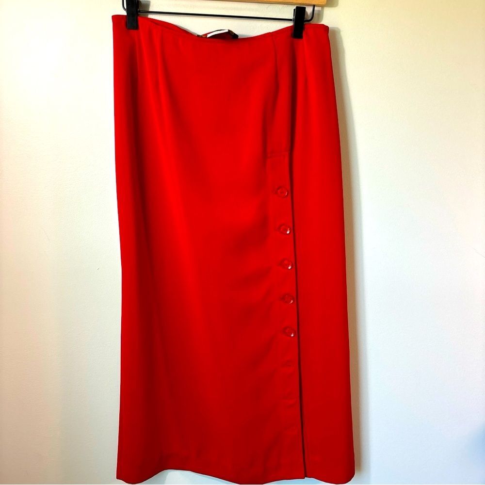 Vintage Harve Bernard red maxi skirt button up slit size 8. Career Minimalist